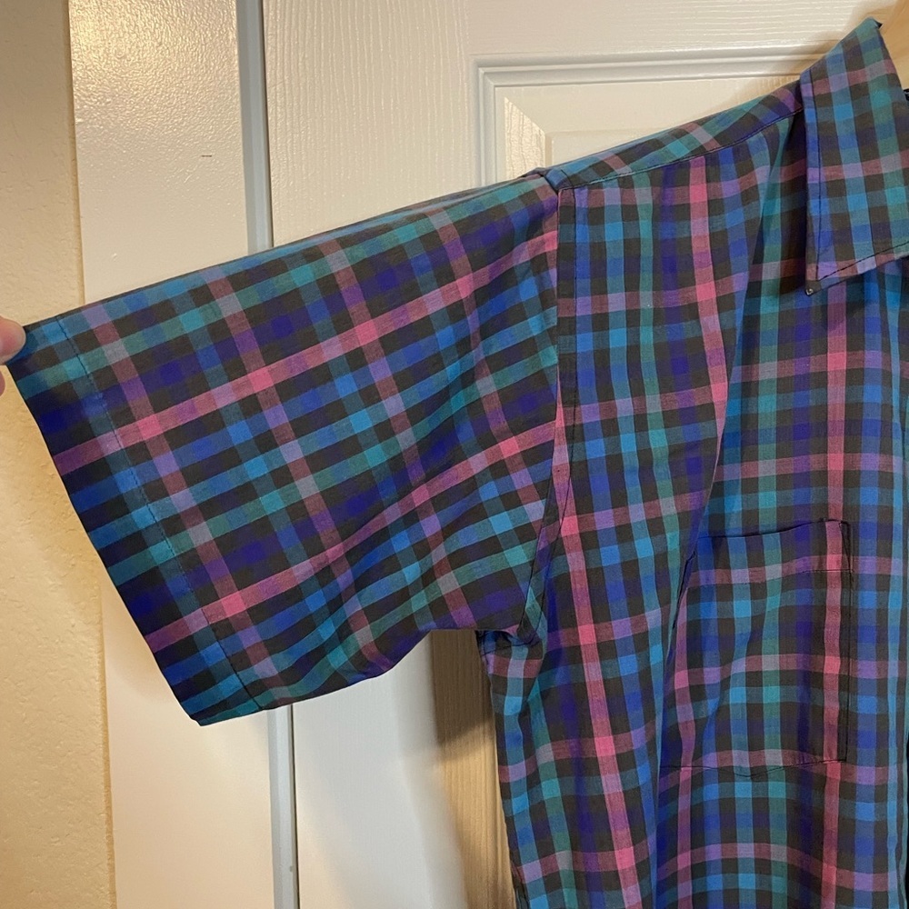 VTG Members Only black/blue/pink/green plaid short sleeve button down shirt sz M - Picture 4 of 10